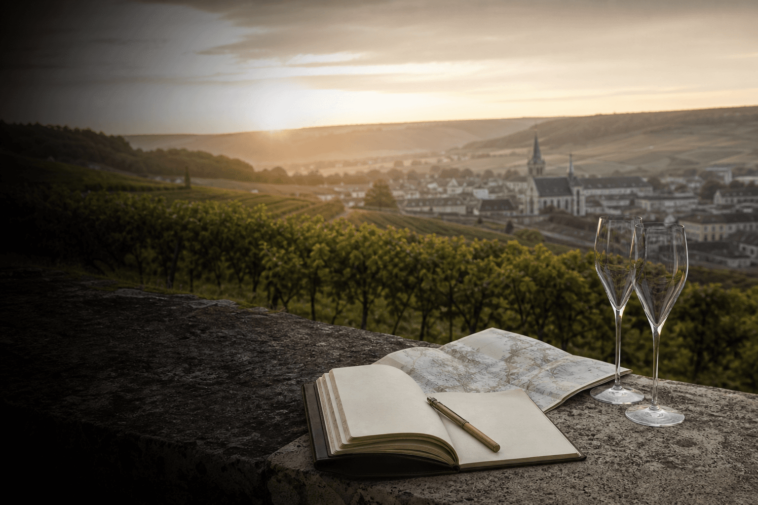 Carnet de voyage face aux vignobles de Champagne